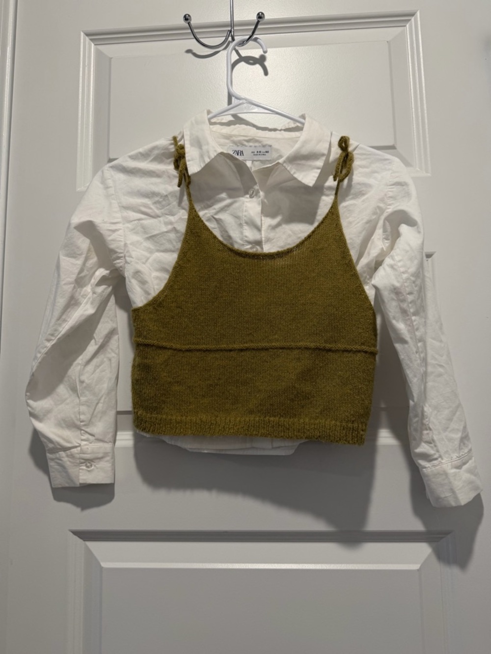 Zara kids | Olive Green Knit Cropped Tank over White Button-Down